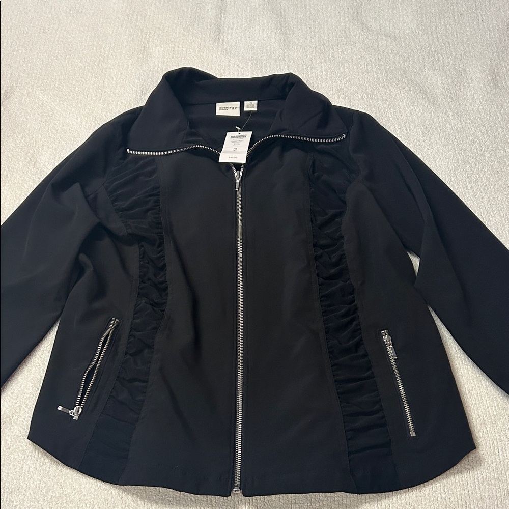 Sleek Black Bomber Jacket with Silver Zippers